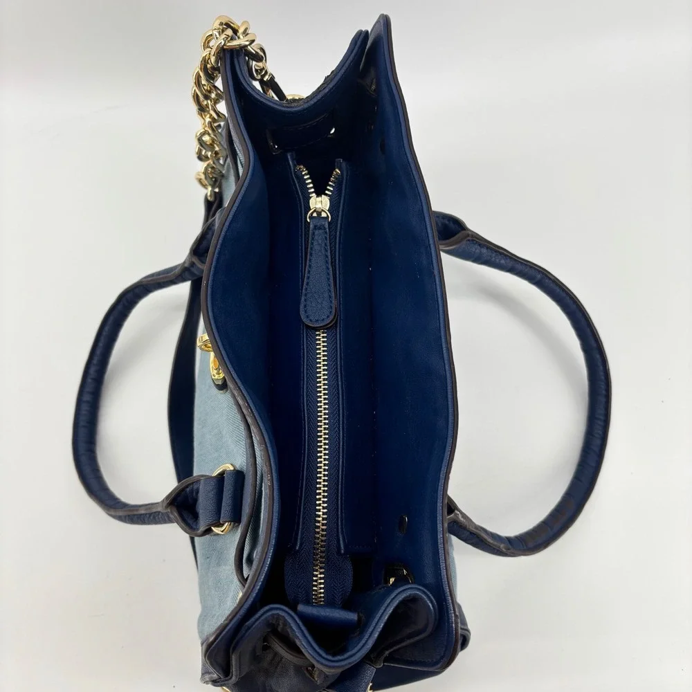 Charming Charlie Navy Blue Faux Leather and Denim Satchel Crossbody Bag Gold - Picture 7 of 12